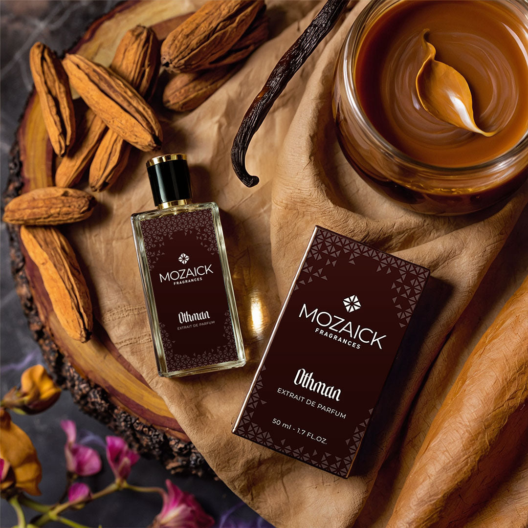OTHMAN Extrait de Parfum 50 ml by MOZAICK – bottle and box on wood with caramel and a vanilla pod